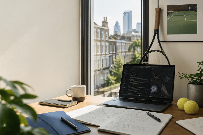 Desk with code, data notes and tennis equipment